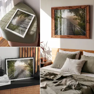 Affiche décorative pont dans le brouillard au-dessus d'une rivière dans un cadre verdoyant