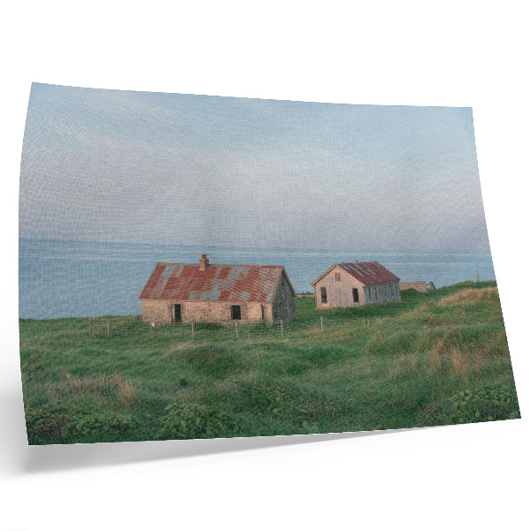 Affiche décorative bâtiments rustiques prairies vertes mer