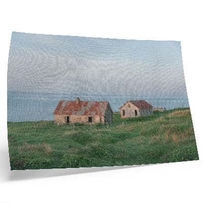 Affiche décorative bâtiments rustiques prairies vertes mer