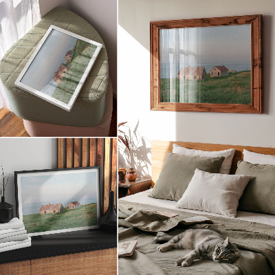 Affiche décorative bâtiments rustiques prairies vertes mer