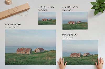 Affiche décorative bâtiments rustiques prairies vertes mer