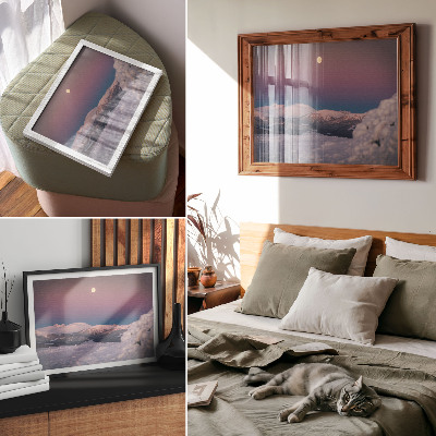 Affiche décorative montagnes enneigées lune rose pastel