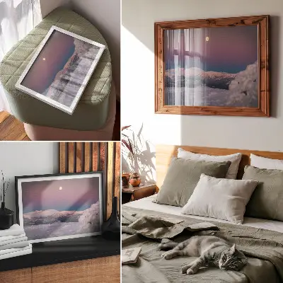Affiche décorative montagnes enneigées sous une lune rose pastel