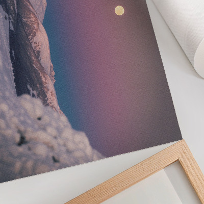 Affiche décorative montagnes enneigées lune rose pastel