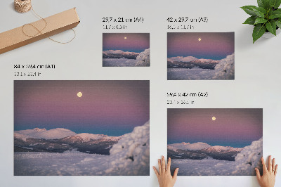 Affiche décorative montagnes enneigées lune rose pastel