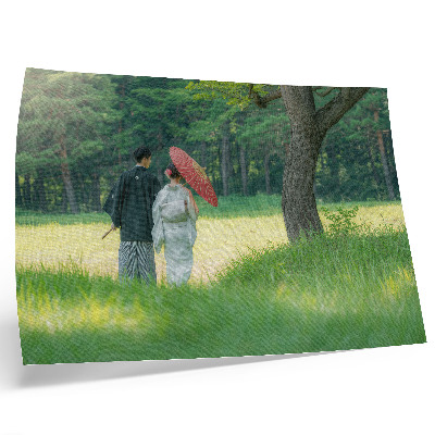 Affiche décorative vêtements traditionnels parapluie prairie verte arbres