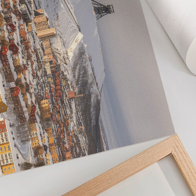 Affiche Ville d'hiver aux bâtiments colorés contrastant avec la neige
