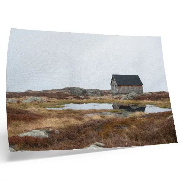 Affiche et poster chalet en bois au bord d'un lac dans la lande