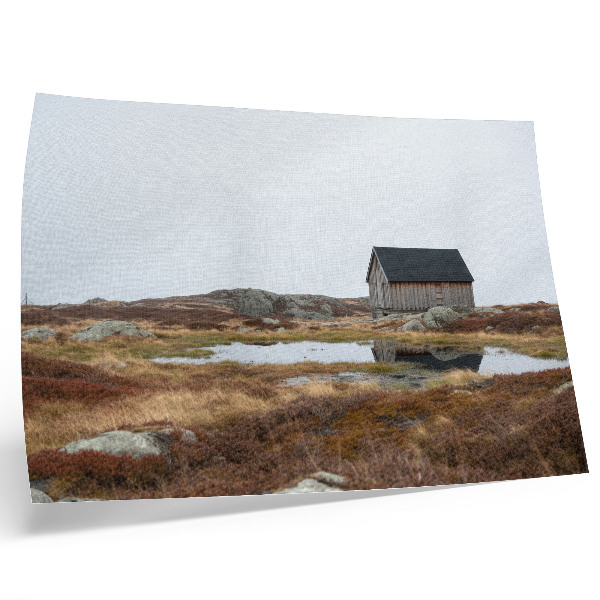 Affiche et poster Chalet en bois, lande, eau calme