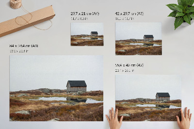 Affiche et poster Chalet en bois, lande, eau calme