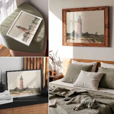 Affiche décorative représentant un phare, du sable et des arbres en harmonie avec la nature