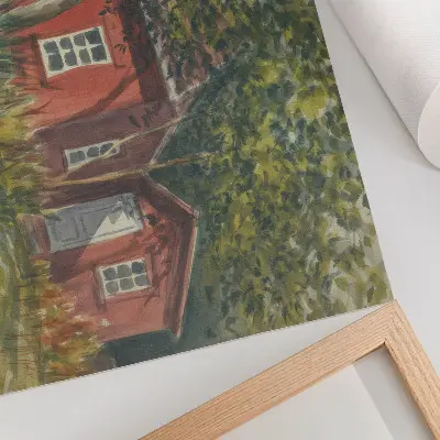 Affiche décorative maison en bois entourée d'arbres et de végétation luxuriante dans un cadre idyllique