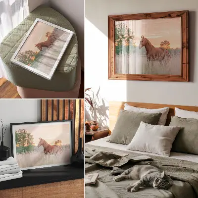 Affiche décorative cheval dans la prairie au petit matin aux couleurs pastel pour un esprit détente