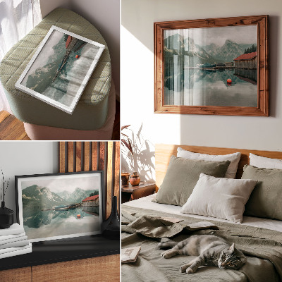 Affiche et poster reflets paisibles sur le lac de montagne, bateaux en bois