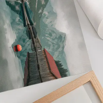 Affiche et poster reflets paisibles sur le lac de montagne avec des bateaux en bois