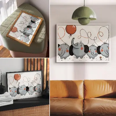 Affiche décorative représentant des éléphants avec des ballons pour une ambiance propre, amusante et joyeuse