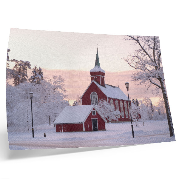 Affiche et poster Chapelle Rouge, hiver, arbres enneigés, ciel pastel