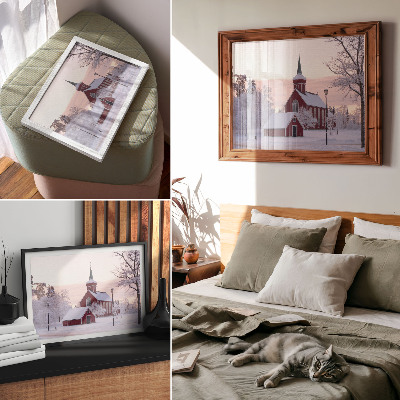 Affiche et poster Chapelle Rouge, hiver, arbres enneigés, ciel pastel