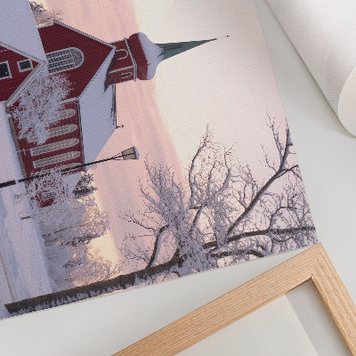 Affiche et poster Chapelle Rouge, hiver, arbres enneigés, ciel pastel