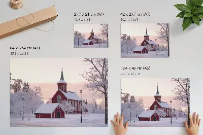 Affiche et poster Chapelle rouge en hiver avec arbres enneigés sous un ciel pastel