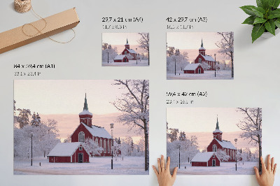 Affiche et poster Chapelle Rouge, hiver, arbres enneigés, ciel pastel