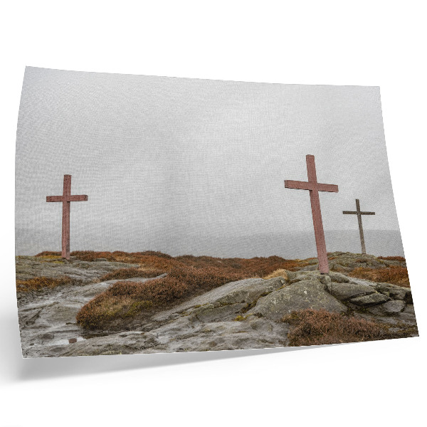 Affiche décorative Trois croix en bois, colline brumeuse, nature