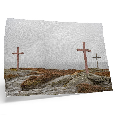 Affiche décorative Trois croix en bois, colline brumeuse, nature