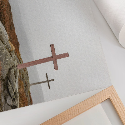 Affiche décorative Trois croix en bois, colline brumeuse, nature