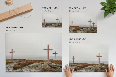 Affiche décorative Trois croix en bois, colline brumeuse, nature