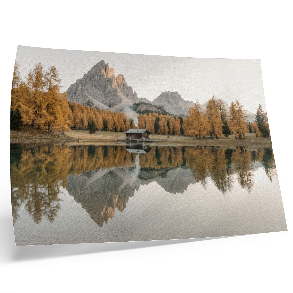 Affiche Montagnes, reflet, chalet, arbres dorés, lac calme