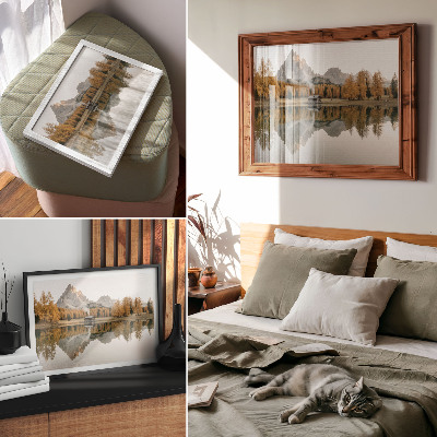 Affiche Montagnes, reflet, chalet, arbres dorés, lac calme
