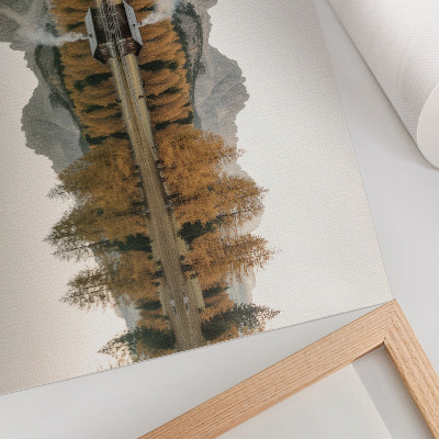 Affiche Montagnes, reflet, chalet, arbres dorés, lac calme