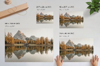 Affiche Montagnes, reflet, chalet, arbres dorés, lac calme