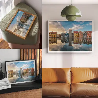 Affiche décorative maisons colorées au bord de l'eau avec reflets architecturaux