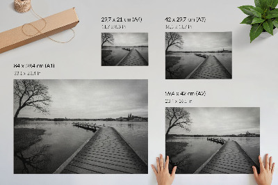 Affiche Paysage en noir et blanc, jetée en bois, lac calme