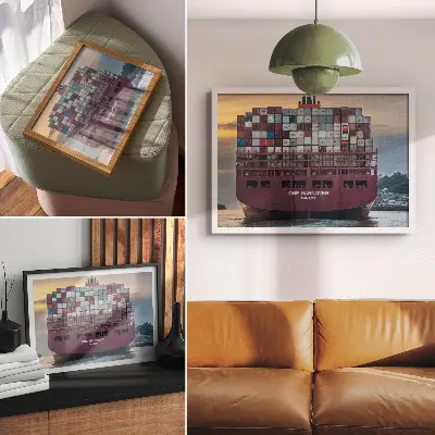 Affiche décorative représentant un porte-conteneurs chargé sur l'eau