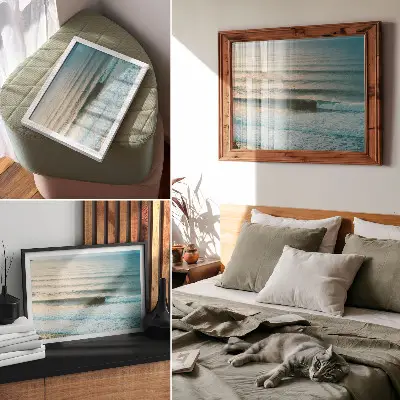 Affiche décorative vagues océaniques calmes à l'horizon avec des surfeurs