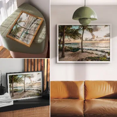 Affiche et poster plage tropicale avec palmiers et hamacs pour une oasis de détente