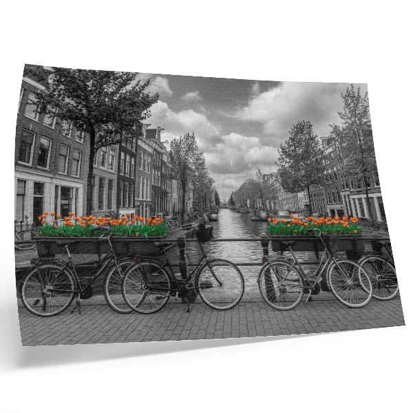 Affiche Une vue charmante sur le canal, des vélos, des tulipes, du noir et de l'orange