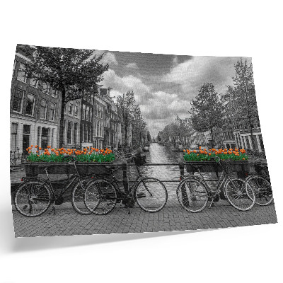 Affiche Une vue charmante sur le canal, des vélos, des tulipes, du noir et de l'orange