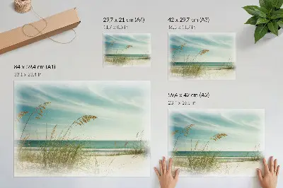 Affiche décorative plage avec herbe et vue sur l'océan sous un ciel paisible