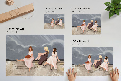 Affiche et poster Trois femmes sur le mur, robes éclatantes, grand ciel