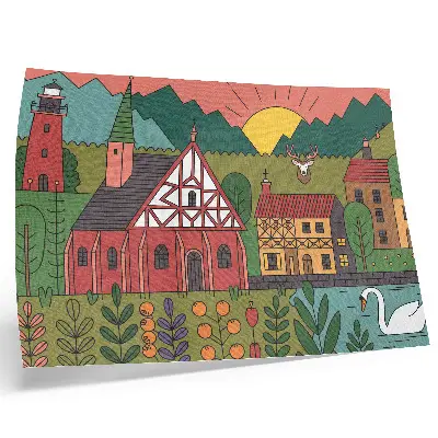 Affiche représentant des maisons colorées, des montagnes, des cerfs, des cygnes et un paysage verdoyant