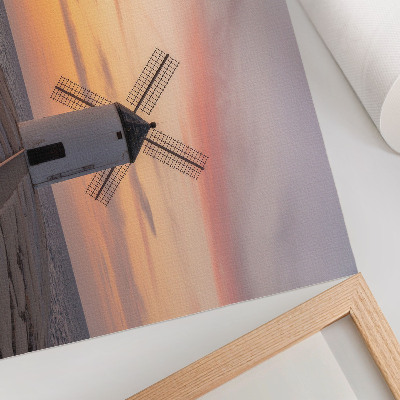Affiche décorative Moulin à vent au crépuscule, mer, ciel pastel