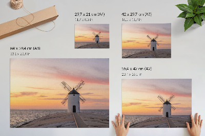 Affiche décorative Moulin à vent au crépuscule, mer, ciel pastel