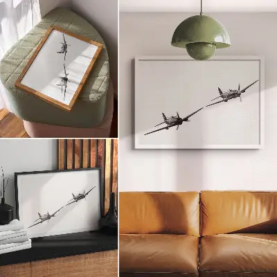 Affiche représentant des avions historiques en plein vol en noir et blanc