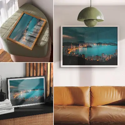 Affiche vue nocturne de la ville depuis l'eau avec des gratte-ciel illuminés