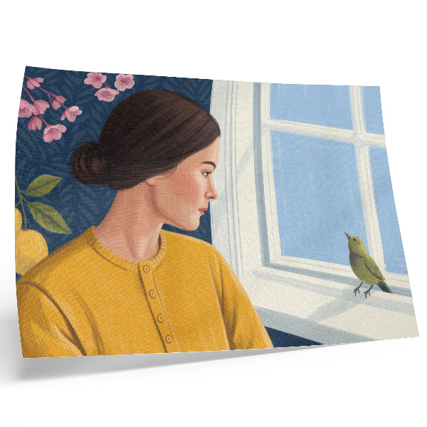Affiche décorative Femme en chemise jaune avec un oiseau sur le rebord de la fenêtre