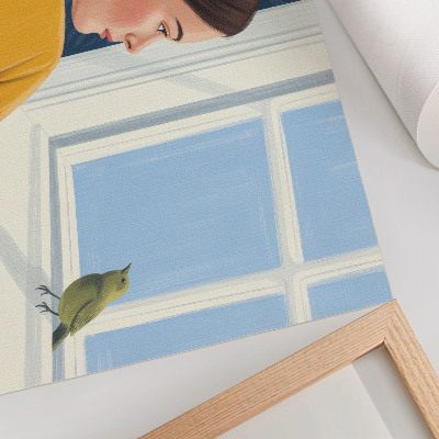 Affiche décorative Femme en chemise jaune avec un oiseau sur le rebord de la fenêtre