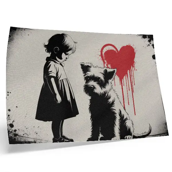 Affiche fille monochrome avec un chien et un cœur